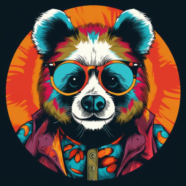 Funky Panda Retro Rock Bear in kleurrijke bril en jas