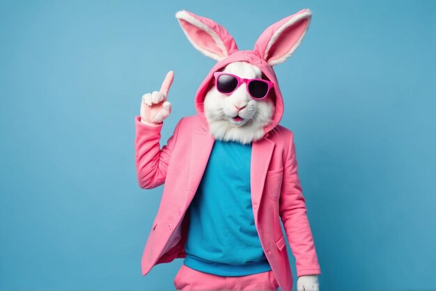 Photo funky positive man dressed pink rabbit ai generated