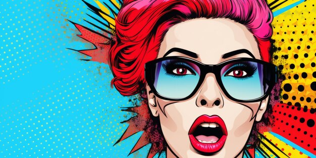 Фанки-панк-женщина с смелыми губами на красочном фоне поп-арта, созданном с использованием генеративного ИИ