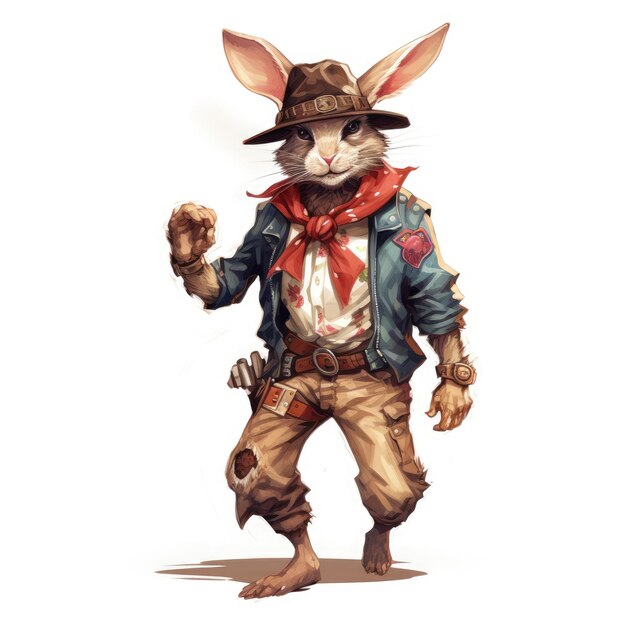 Funky Rabbit Cowboy Een levendige grafische verkenning in tabaksrood blauw en beige tonen