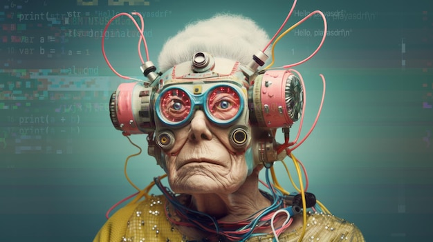 Photo funky and strange grandma cyborg robots