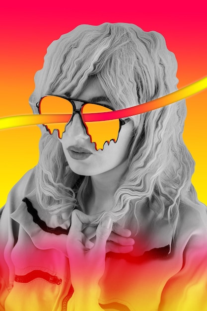 funky woman in sunglasses. crazy lady and surreal composition of textures, shapes, gradients. contemporary art collage. zine culture. pop art. fashion magazine style for posters, banners, wallpaper.