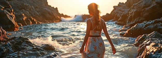 Веселая молодая женщина прогуливается по берегу.
