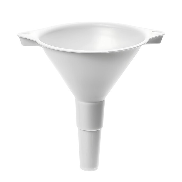 Funnel met witte plastic body een gereedschap dat wordt gebruikt om vloeistof te leiden O geïsoleerd Schoon Blank BG Items Design
