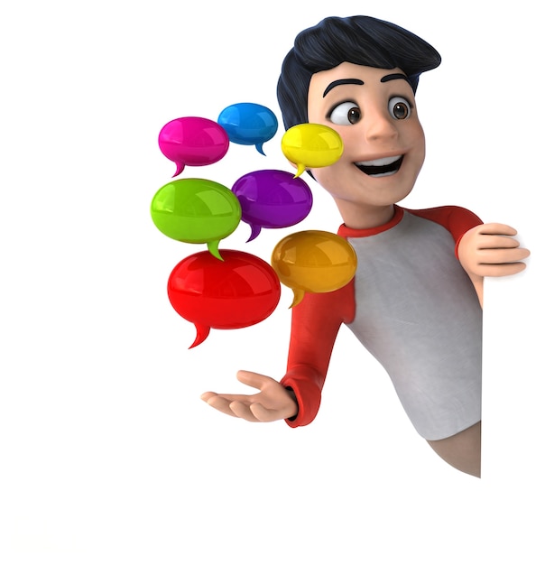 Funny 3D Asian teenager with colorful speech bubbles