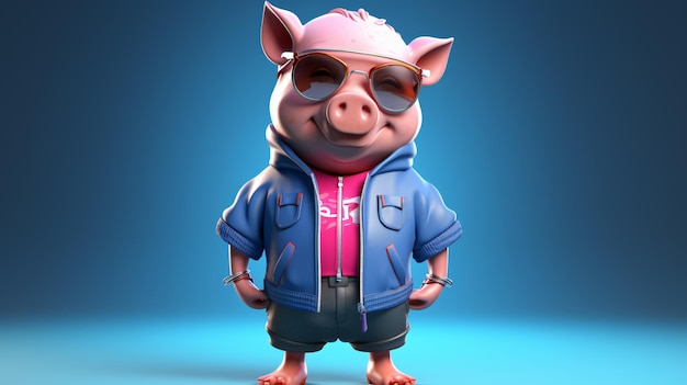 Photo a funny 3d cartoon character pig with lot of swag