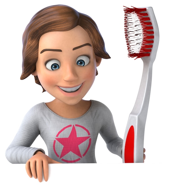 Funny 3D cartoon teenage girl with a toothbrush