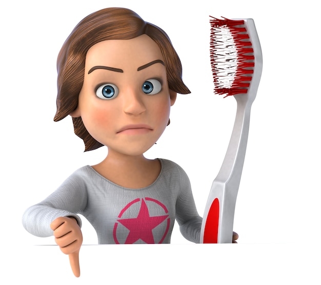 Funny 3D cartoon teenage girl with a toothbrush