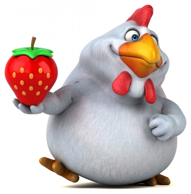 Funny 3d chicken illustration holding a big strawberry