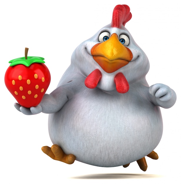 Funny 3d chicken illustration holding a big strawberry