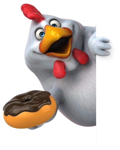 Funny 3d chicken illustration holding a donut