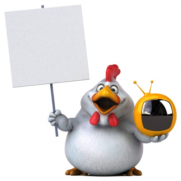 Funny 3d chicken illustration holding a placard and a small tv