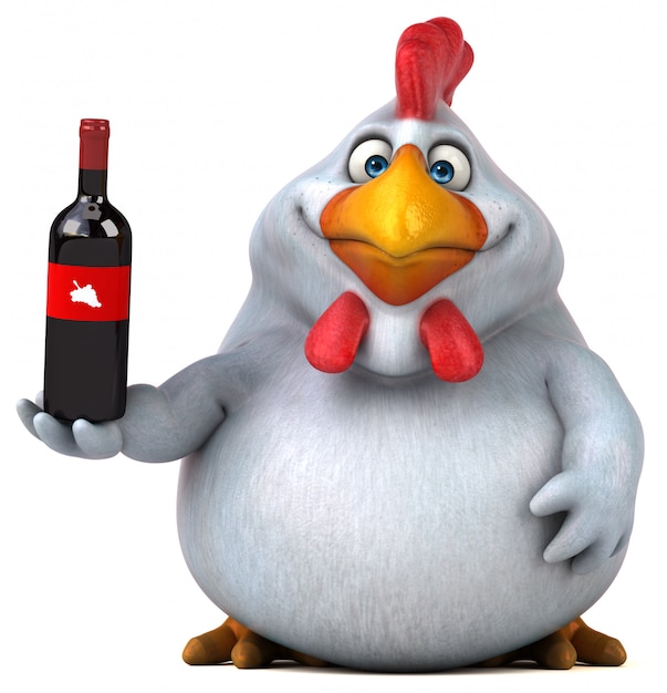 Funny 3d chicken illustration holding a wine bottle