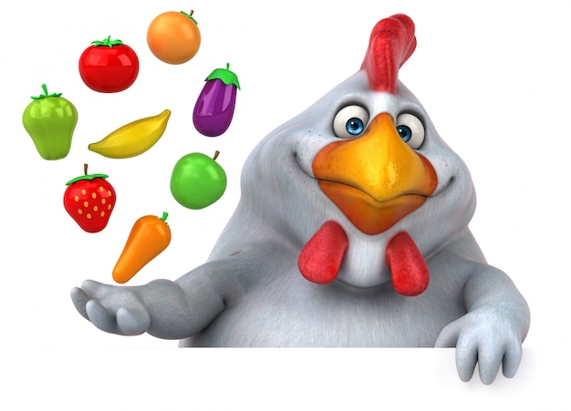 Funny 3d chicken illustration with floating vegetables