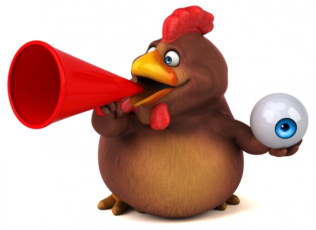 Funny 3d chicken with megaphone holding an eye