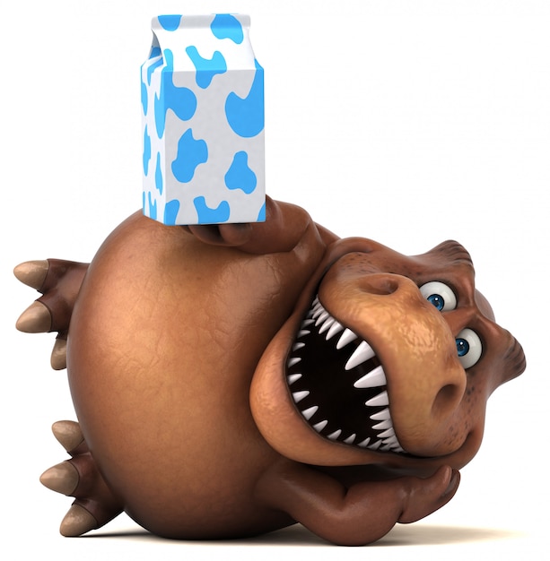 Funny 3d dinosaur character holding a milk carton