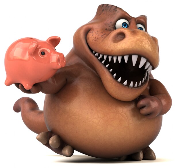 Funny 3d dinosaur character holding a piggy bank