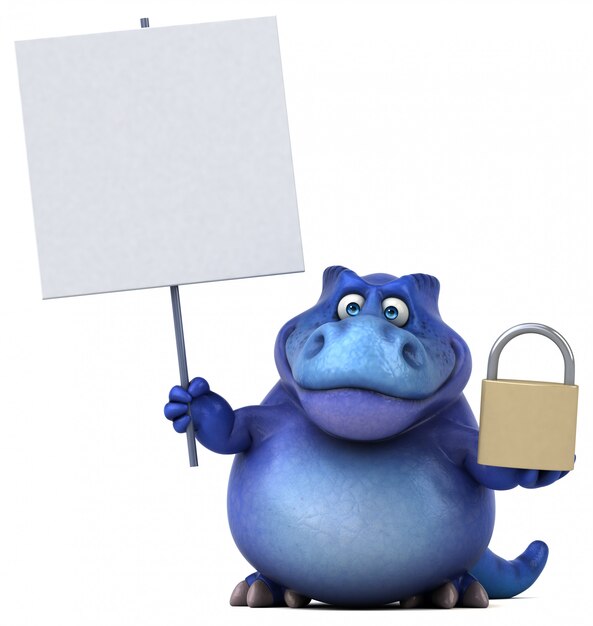 Funny 3d dinosaur character holding a placard and a big lock