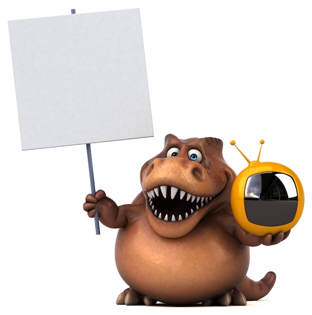 Funny 3d dinosaur character holding a placard and a small tv