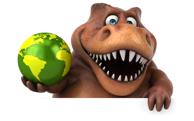 Funny 3d dinosaur character holding a small plate earth