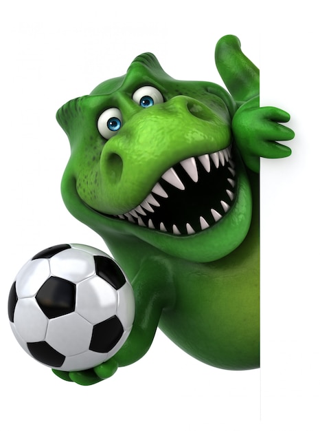 Funny 3d dinosaur character holding a soccer ball