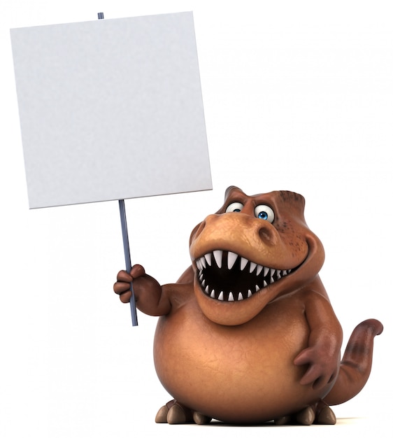 Funny 3d fat dinosaur character holding a placard