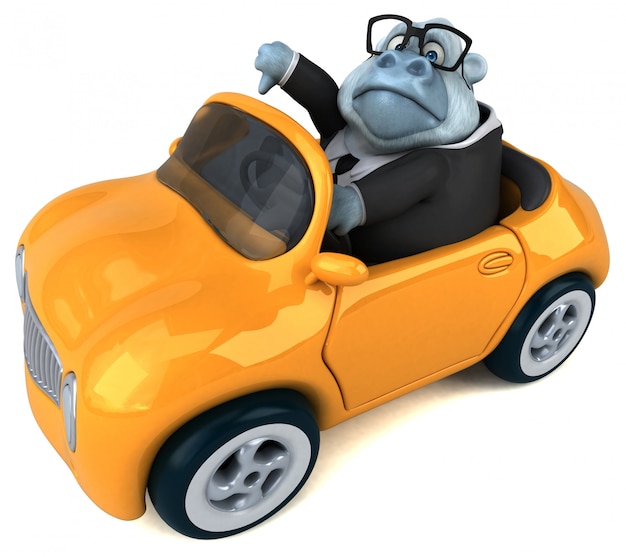 아래로 엄지 손가락을 보여주는 자동차를 운전하는 재미 3D 뚱뚱한 고릴라 캐릭터