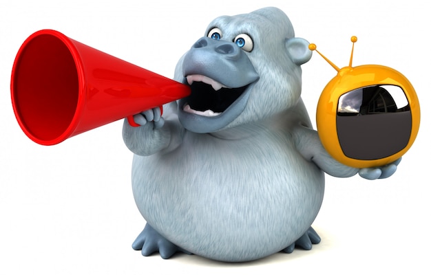 Funny 3d fat gorilla character holding a small tv talking in a megaphone