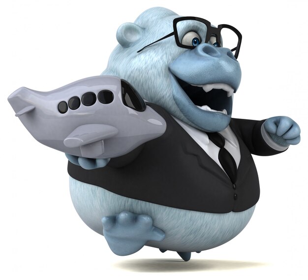 Funny 3d fat gorilla character holding a toy plane