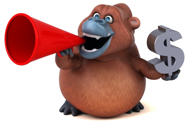 Funny 3d gorilla character holding a megaphone and a dollar sign