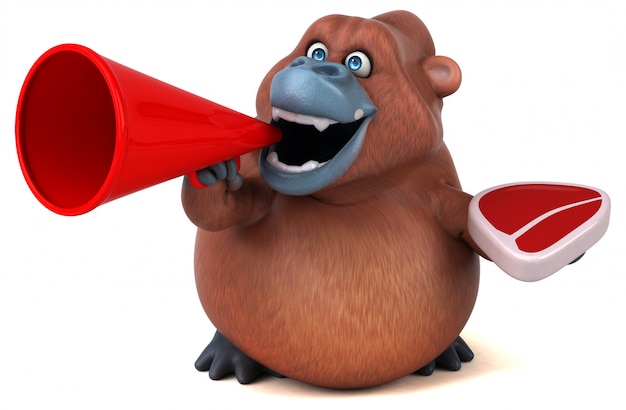 Photo funny 3d gorilla character holding a raw steak and a megaphone