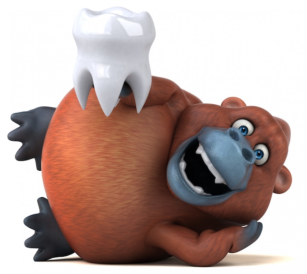 Funny 3d gorilla character holding a tooth