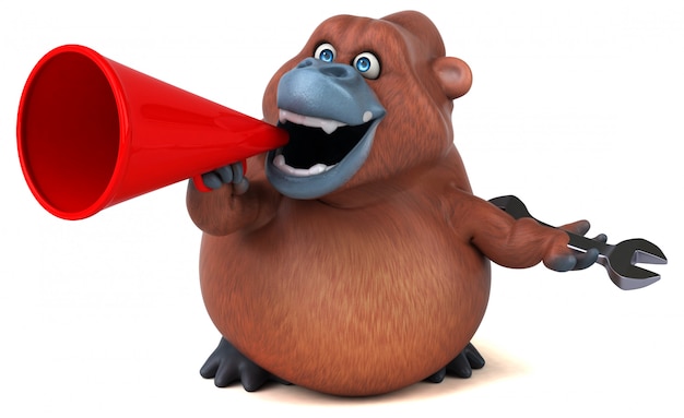 Funny 3d gorilla character holding a wrench and a megaphone