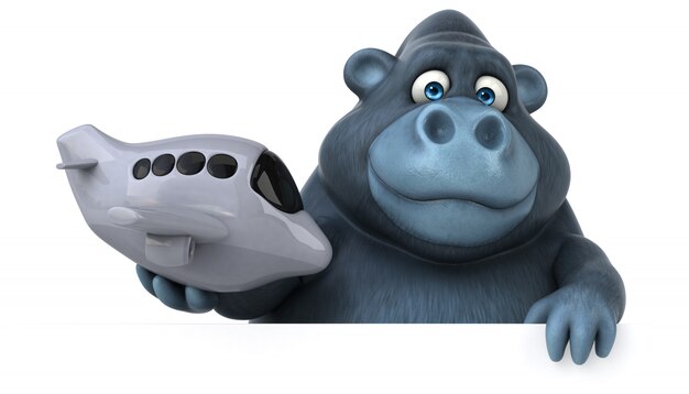 Funny 3d gorilla holding a toy airplane and a placard