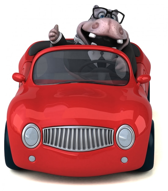 funny 3d hippo character driving a car