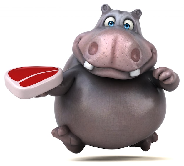 funny 3d hippo character holding a raw steak