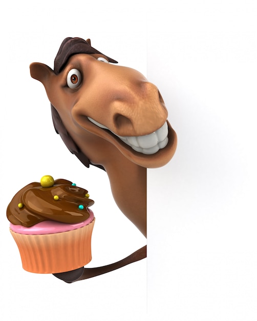 Funny 3d horse character holding a cup cake