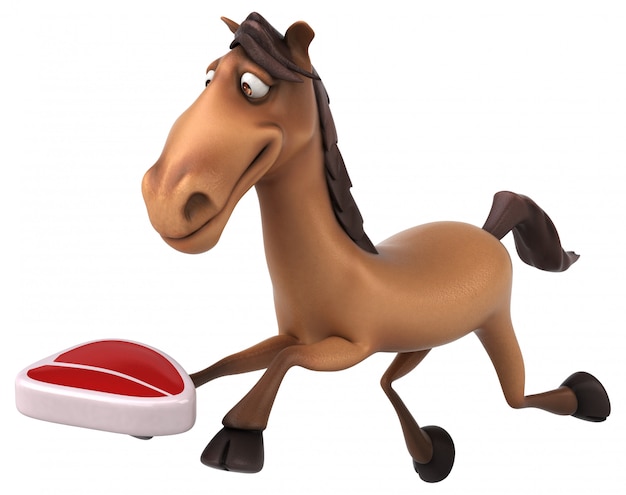 Funny 3d horse character holding a raw steak