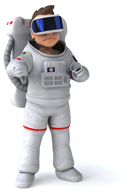 VRヘルメットをかぶった宇宙飛行士の面白い3Dイラスト