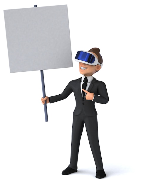 Funny 3D illustration of a cartoon businessman with a VR helmet