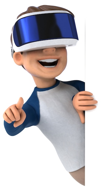 Funny 3D illustration of a cartoon kid with a VR helmet