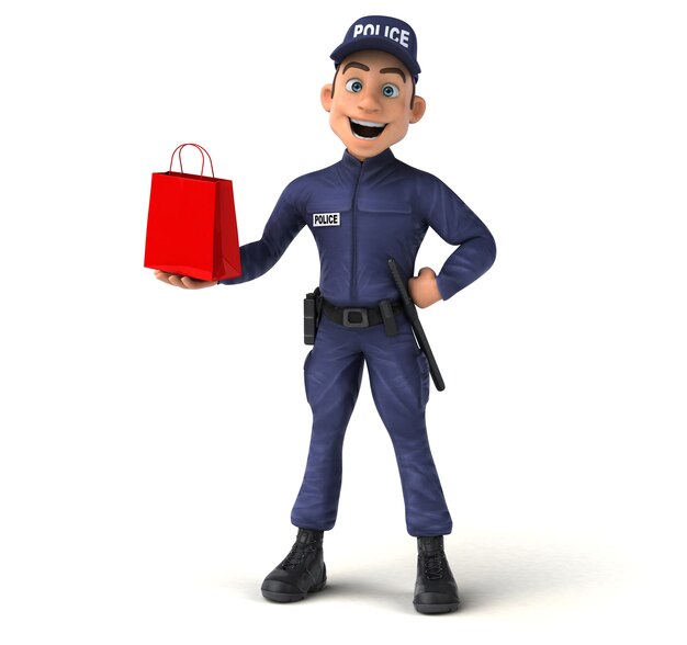 Funny 3D illustration of a cartoon Police Officer with red shopping bag