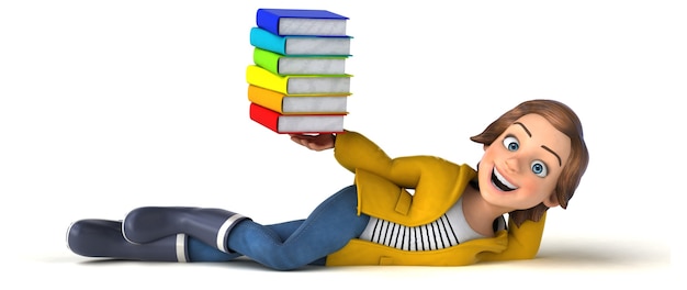 Photo funny 3d illustration of a cartoon teenage girl with colorful books