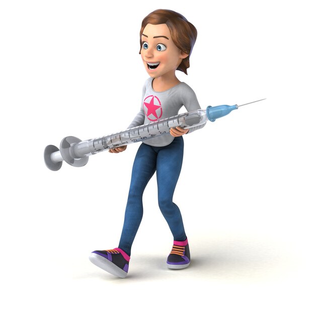 Funny 3D illustration of a cartoon teenage girl with syringe