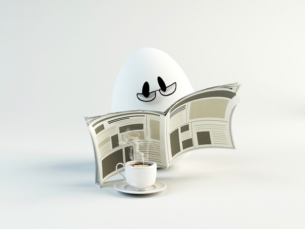 Illustrazione 3d divertente di un giornale della lettura dell'uovo. concetto di pasqua