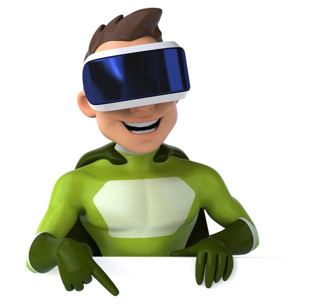 VRヘルメットを持つスーパーヒーローの面白い3Dイラスト