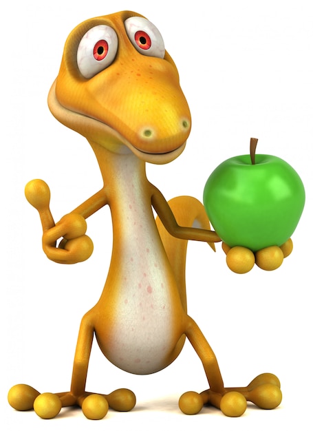 Funny 3d lizard character holding an apple