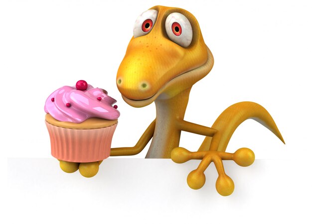 Funny 3d lizard character holding a cup cake