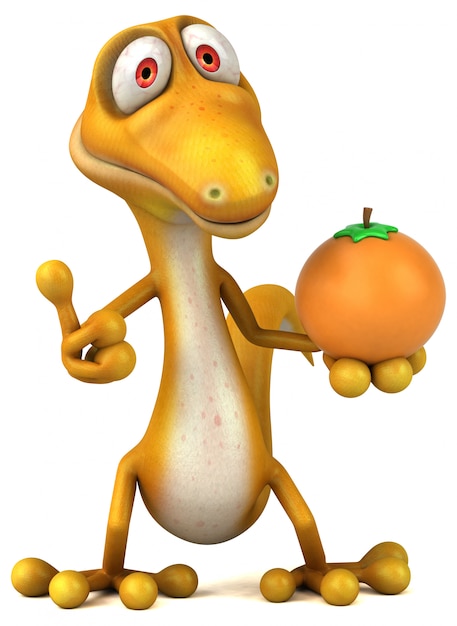 Funny 3d lizard character holding an orange