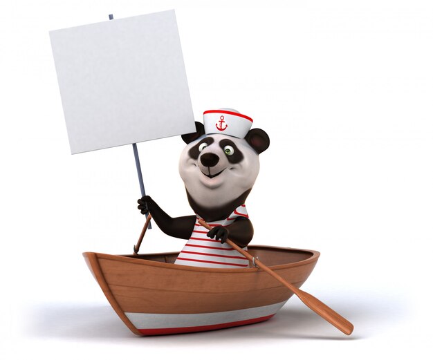 Funny 3d panda bear in a boat holding a placard